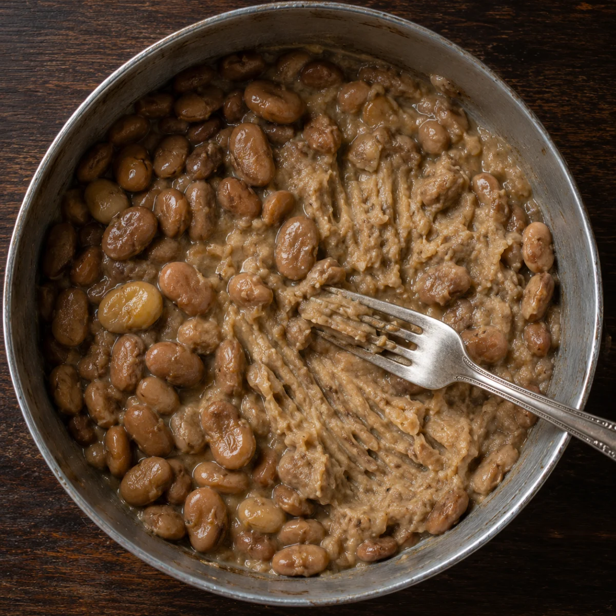 Mashing half the fava beans against the side of the pan for the right texture