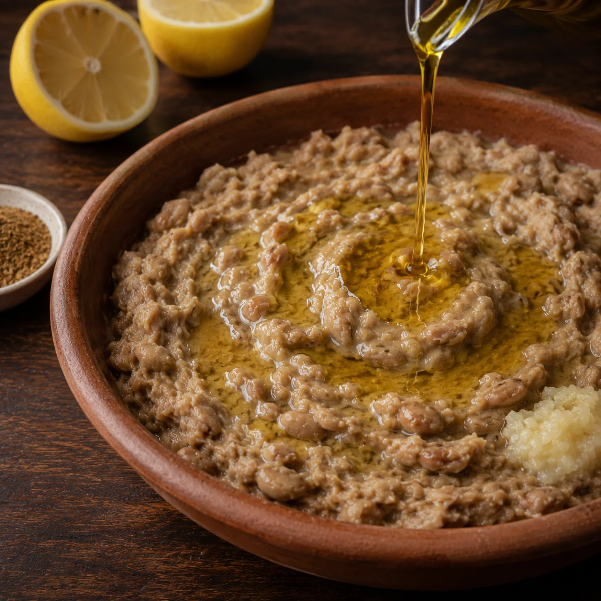 Dressing ful medames with olive oil, lemon, garlic and cumin in a wide bowl