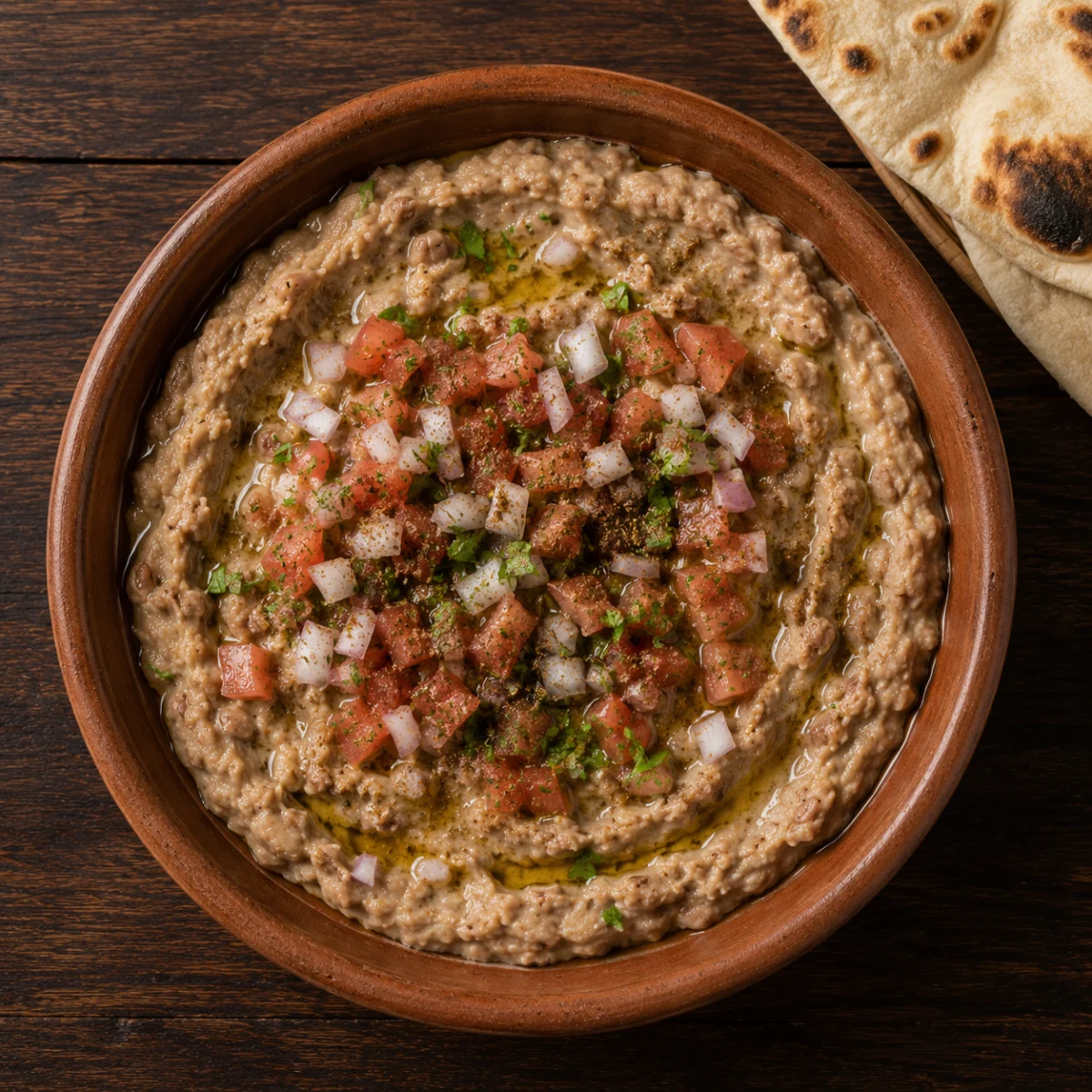 Finished ful medames topped with tomato, onion, parsley and a drizzle of olive oil