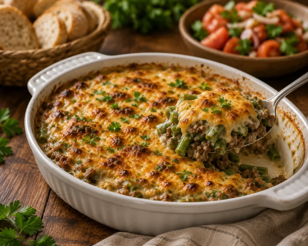 Green Bean Gratin with Spiced Beef and Béchamel