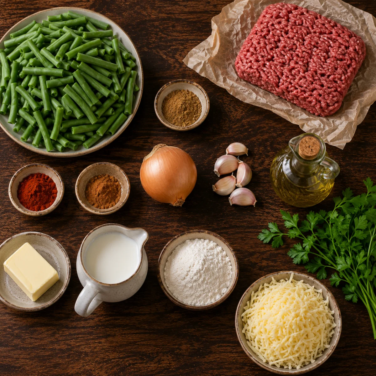 Ingredients for green bean gratin: green beans, ground beef, onion, garlic, cheese, milk and spices
