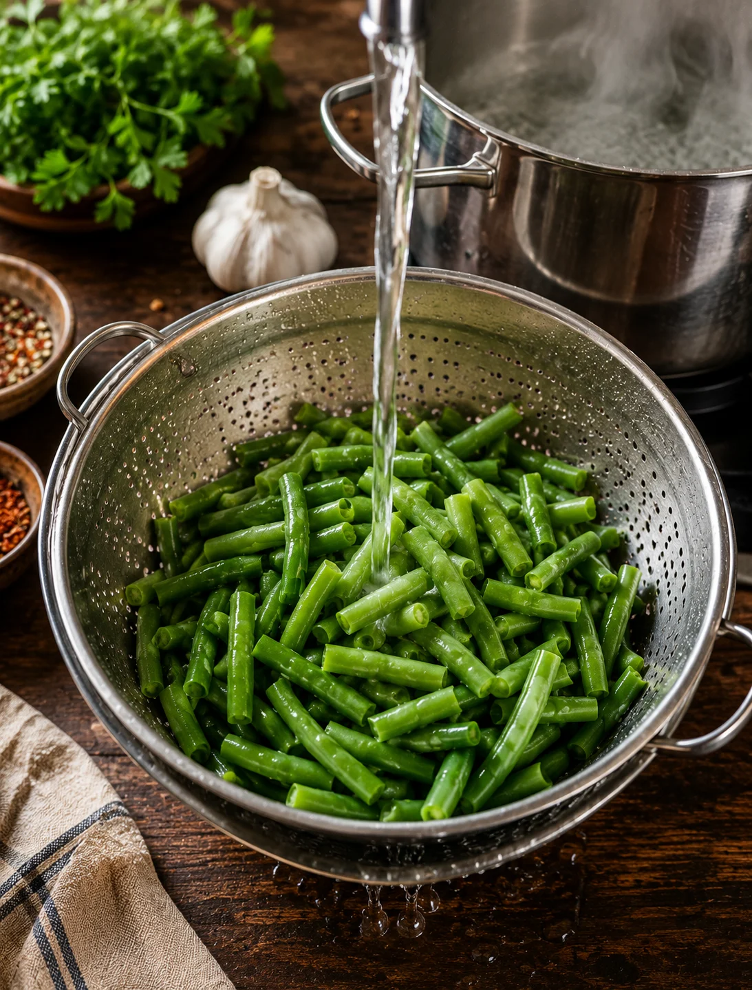Blanched green beans rinsed bright green and draining