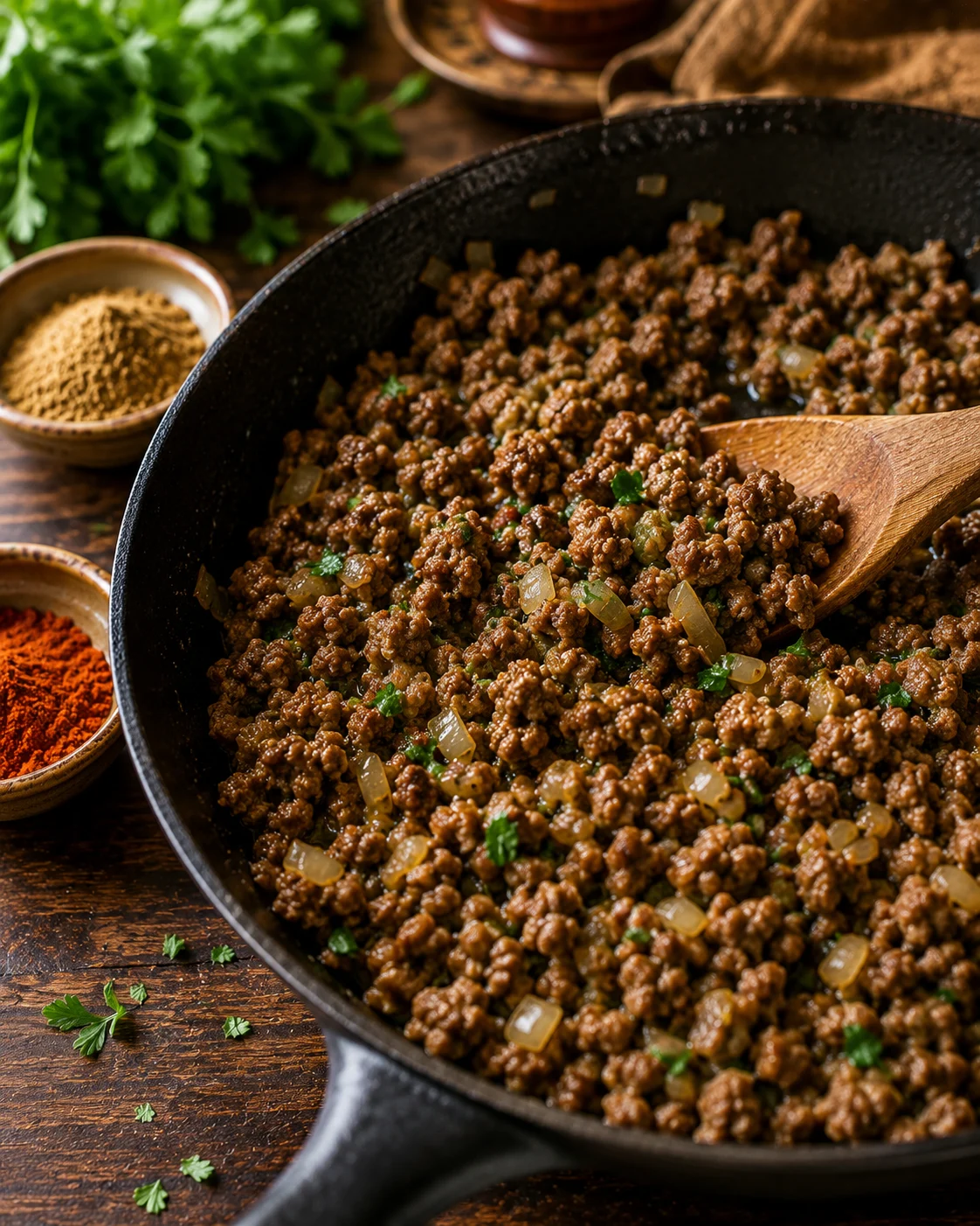 Spiced beef cooking with cumin, paprika and cinnamon until the pan is dry
