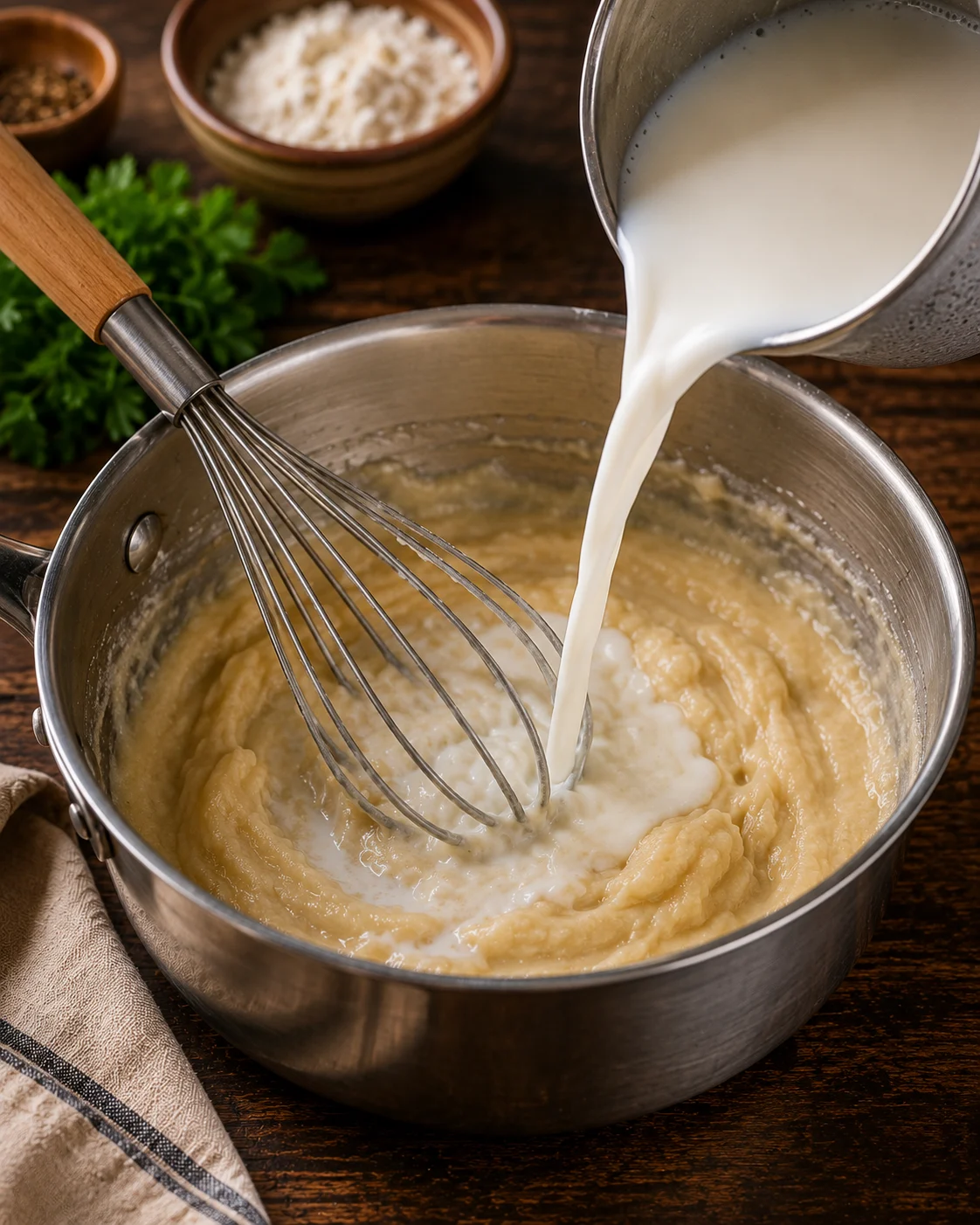 Making a quick bechamel for the green bean gratin