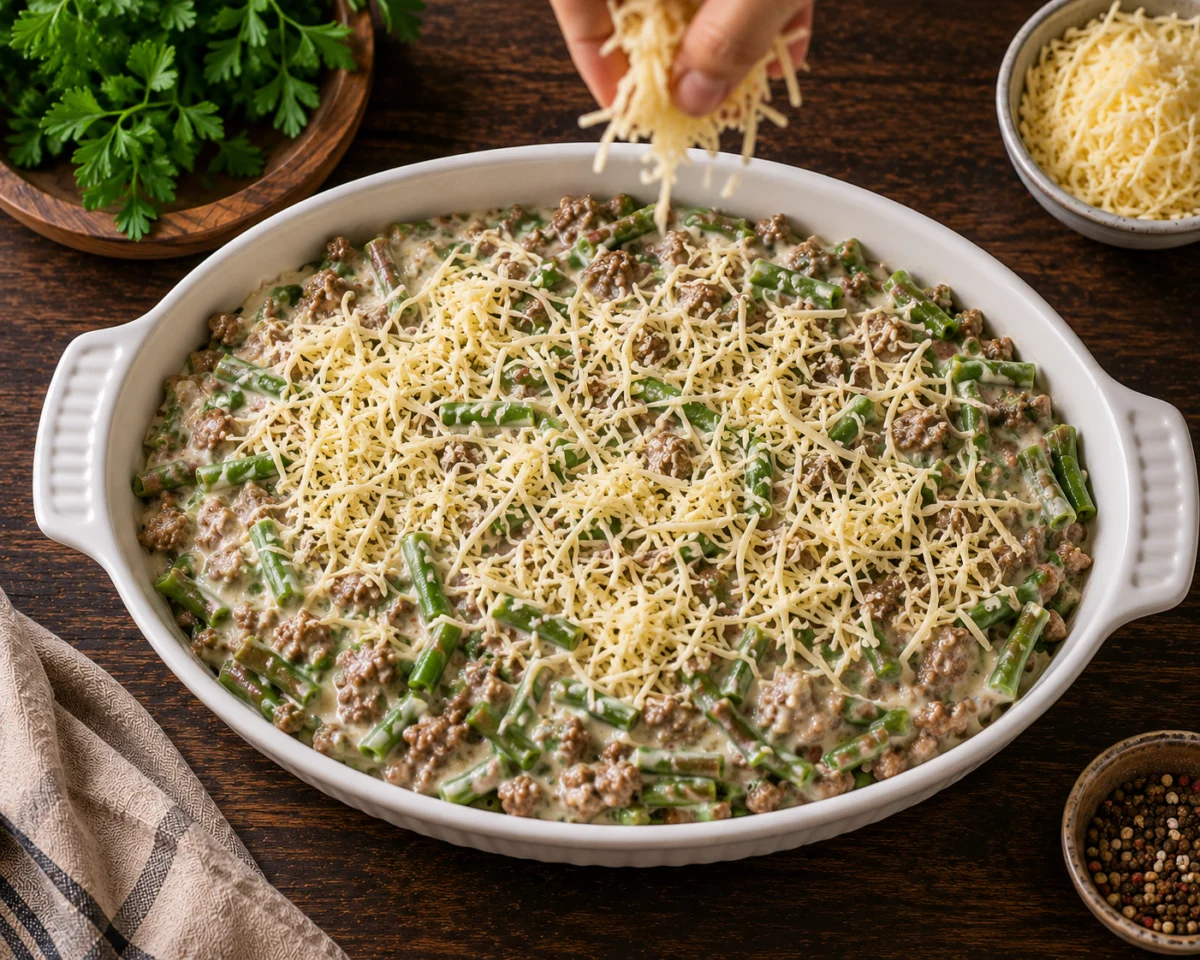Folding green beans and beef with bechamel and topping with cheese
