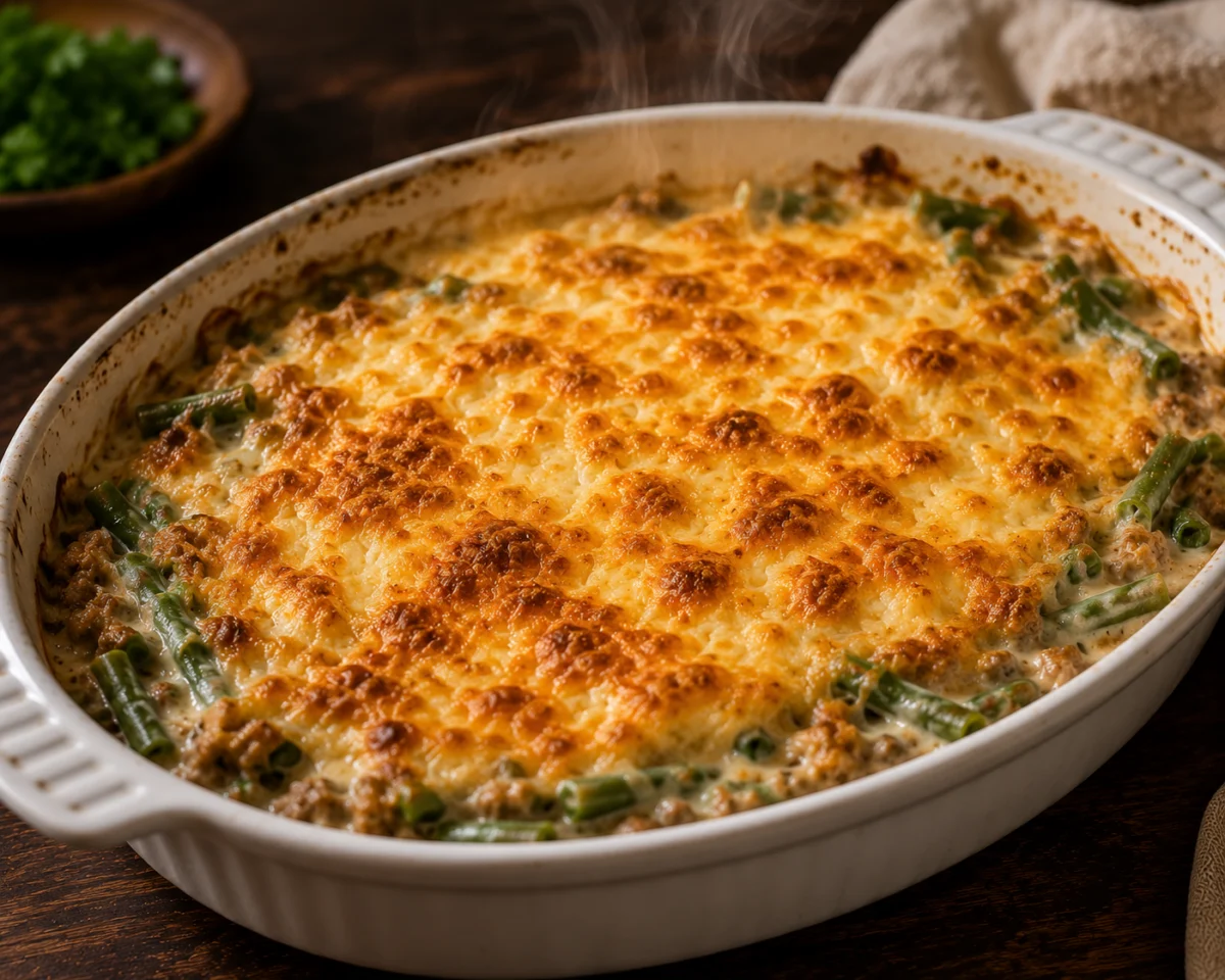 Golden bubbling green bean gratin fresh from the oven