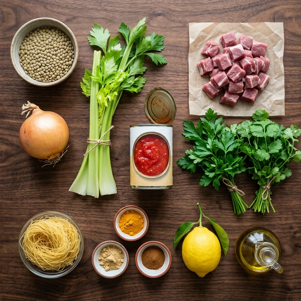 Ingredients for harira: lentils, chickpeas, crushed tomatoes, onion, celery, warm spices and fresh herbs
