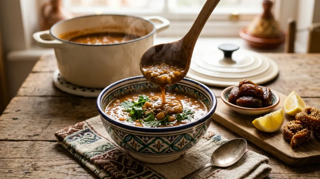 Harira recipe: Moroccan tomato, lentil and chickpea soup with cilantro and lemon wedges
