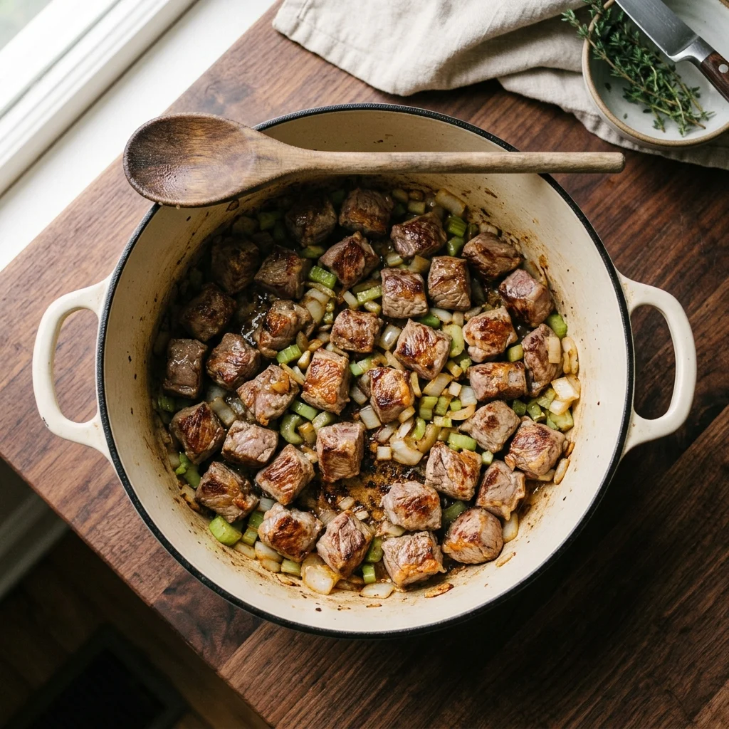 Browning meat with onion and celery in a large soup pot