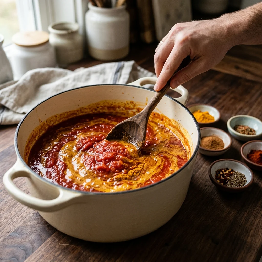Blooming ginger, turmeric and cinnamon with crushed tomatoes