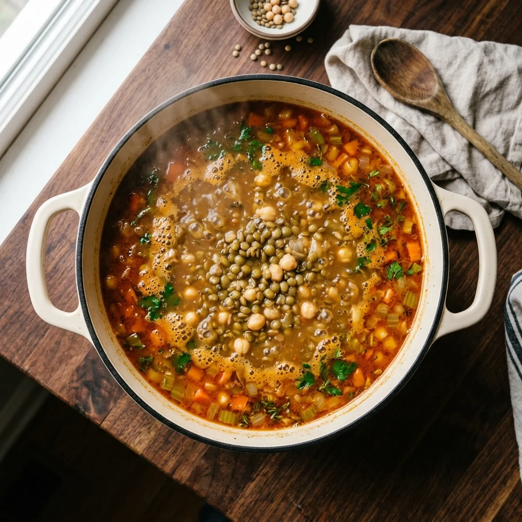 Lentils and chickpeas simmering in the tomato broth