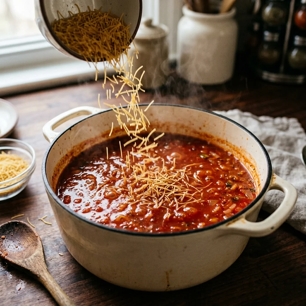 Adding broken vermicelli noodles to the simmering harira