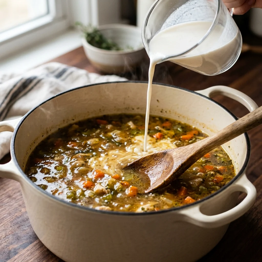 Pouring the flour slurry into harira to thicken it to a silky texture