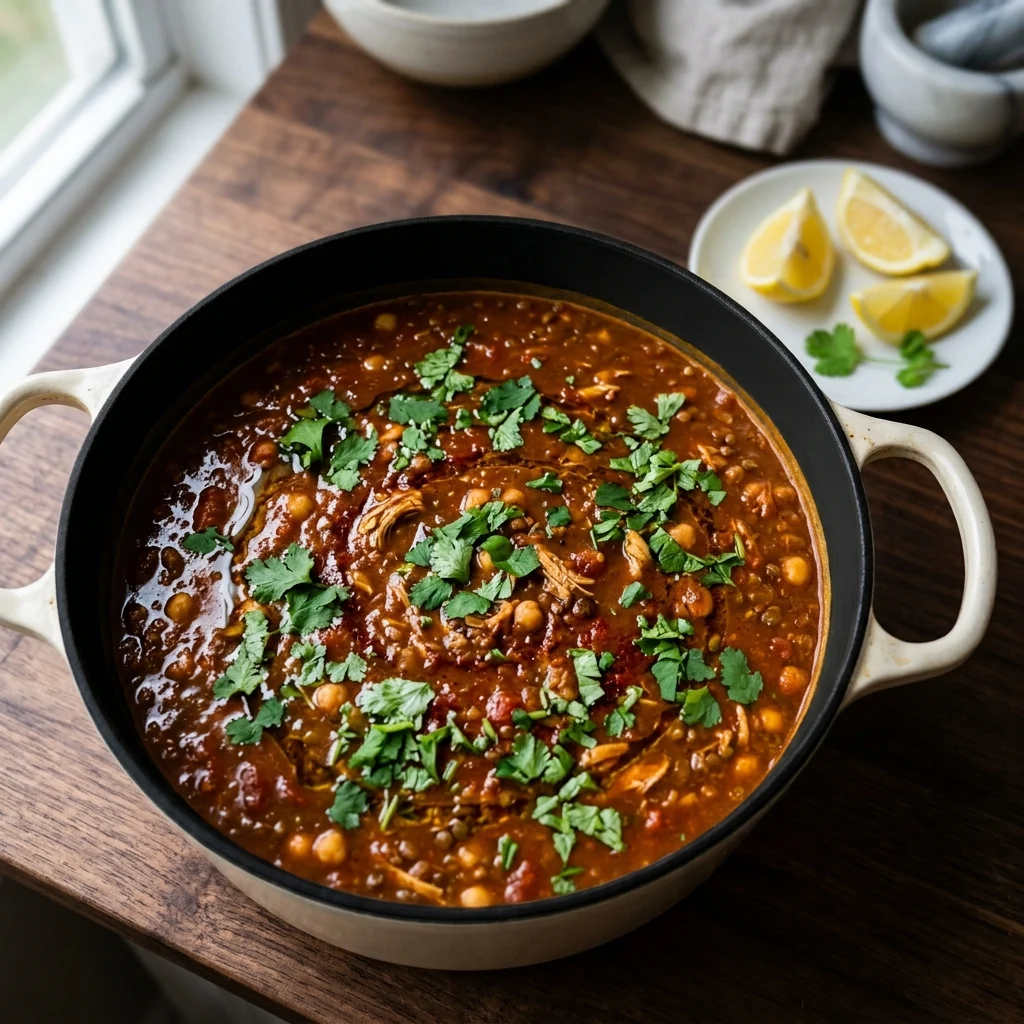 Finished harira soup with fresh cilantro, parsley and lemon
