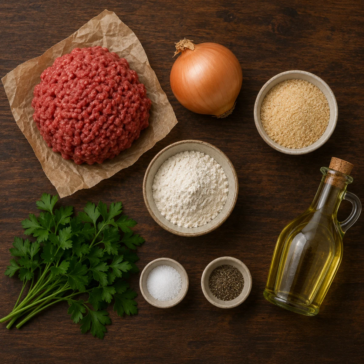 Ingredients for kofta kebab: ground lamb, onion, parsley, garlic, allspice, baharat and cinnamon
