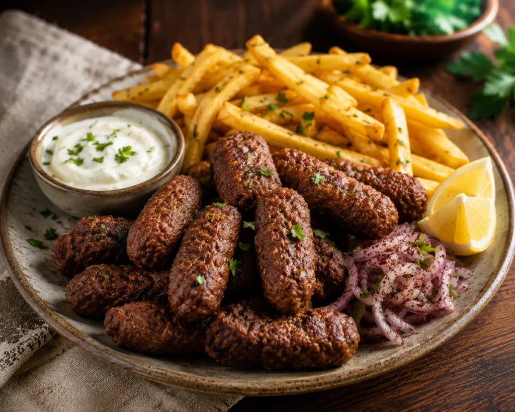 Kofta kebab skewers grilled with char marks, served with flatbread, sumac onions and grilled tomatoes