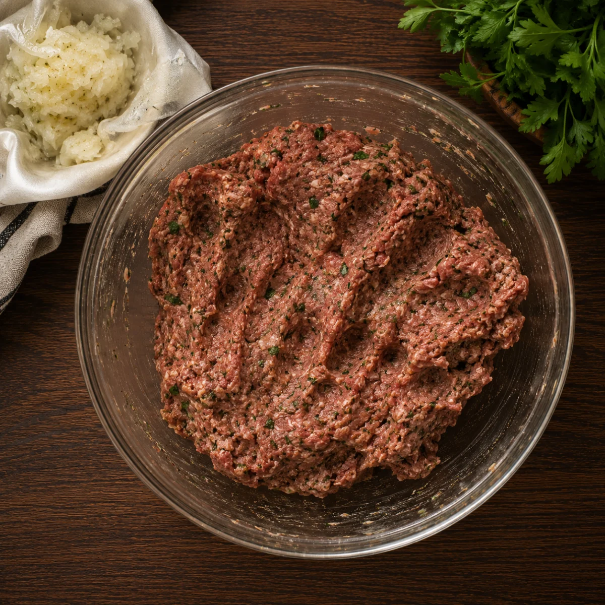 Squeezing grated onion dry in a towel before mixing the kofta