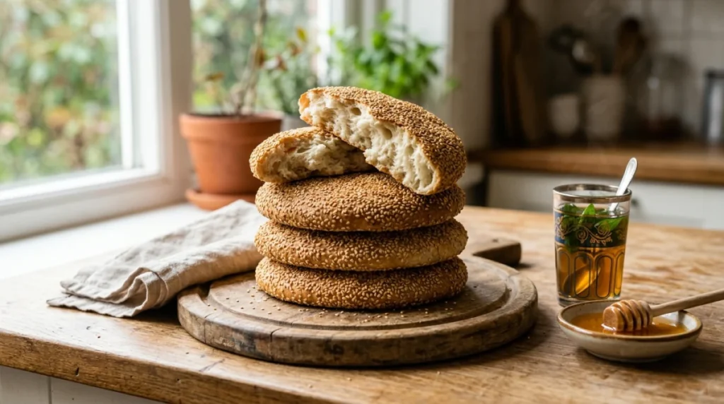 Easy Moroccan bread recipe: golden sesame-crusted khobz rounds fresh from the oven