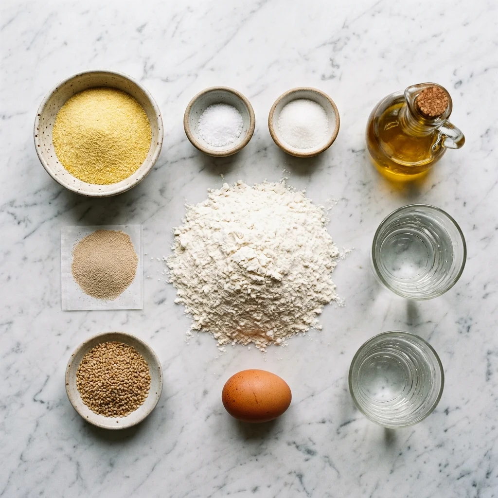 Ingredients for Moroccan bread: flour, semolina, yeast, sugar, salt, olive oil, sesame seeds and egg