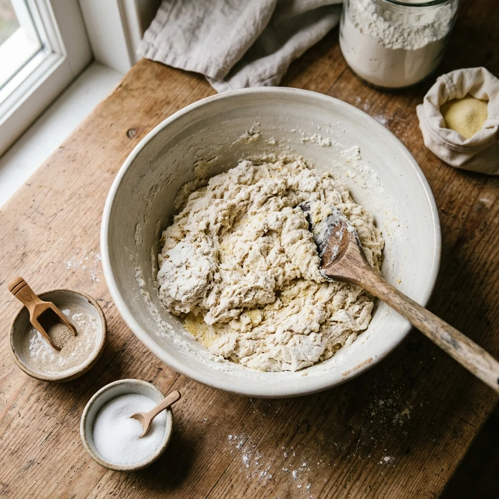 Mixing flour, semolina and yeast with warm water into a shaggy dough