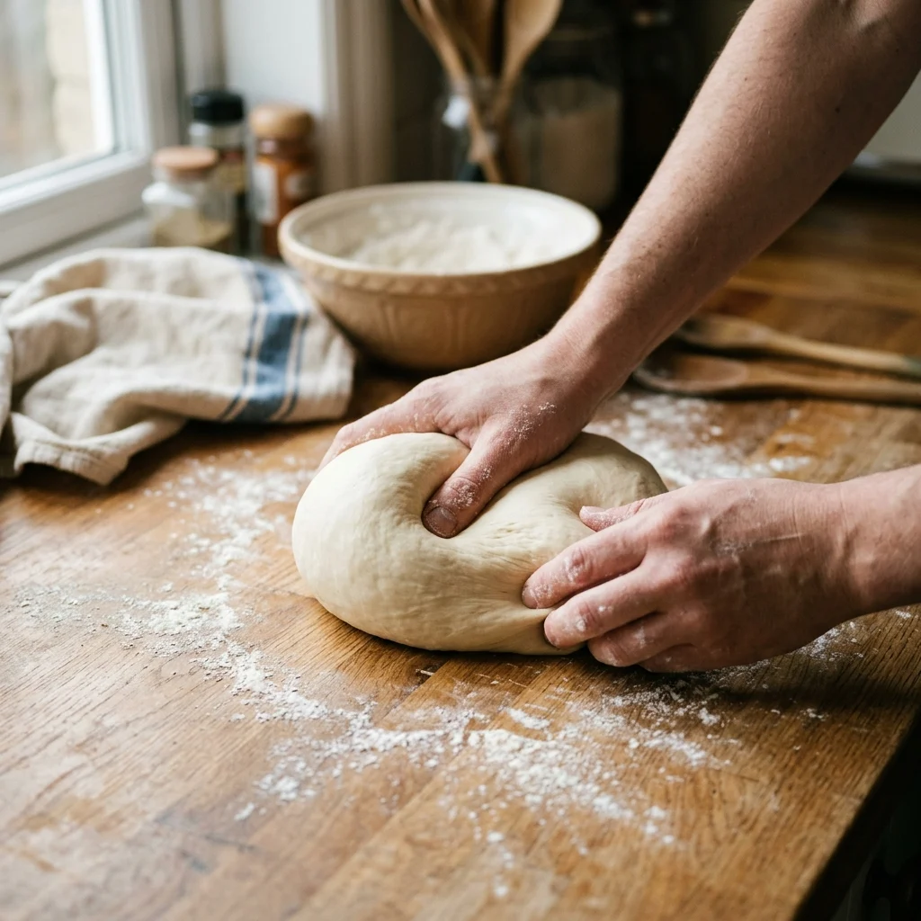 Kneading the khobz dough until smooth and springy