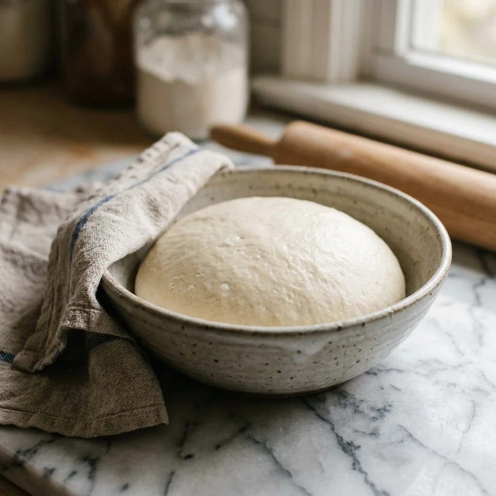 Moroccan bread dough resting under a damp towel until puffy