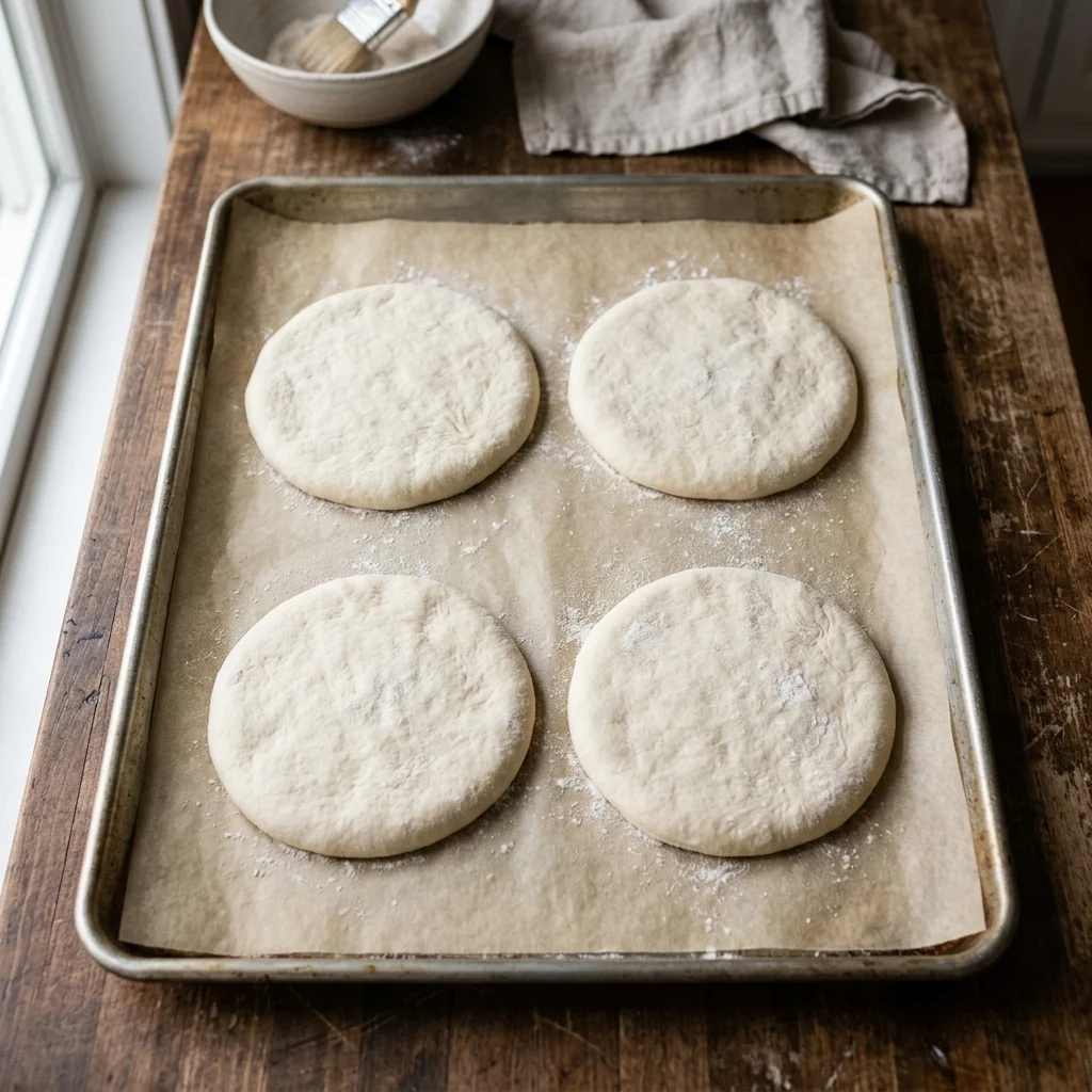Dough divided and patted into round discs on a baking sheet