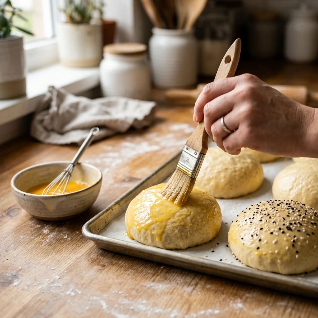 Brushing the rounds with egg wash and sprinkling sesame seeds