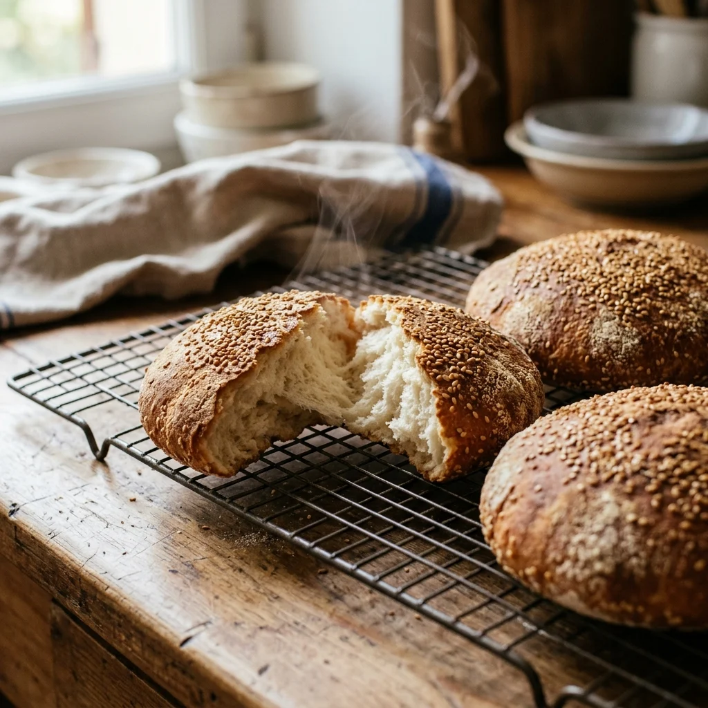 Baked golden Moroccan khobz rounds cooling on a rack