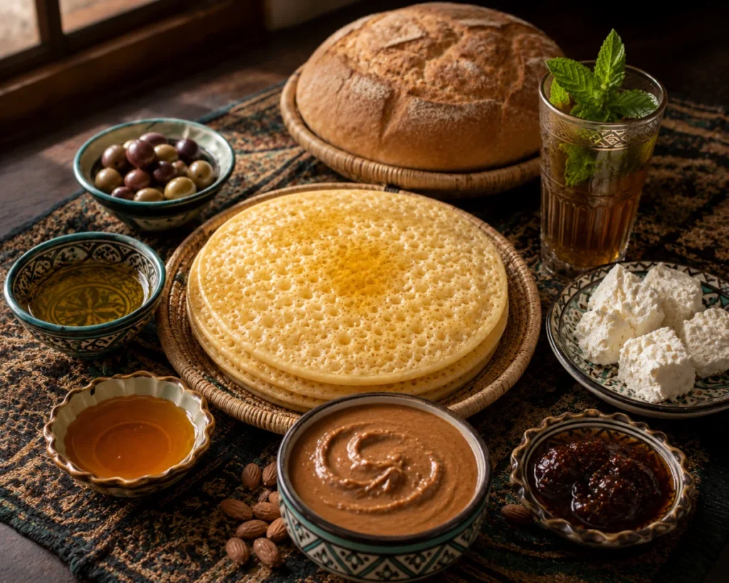 Moroccan breakfast table with baghrir thousand-hole pancakes, honey butter, amlou, olives and mint tea