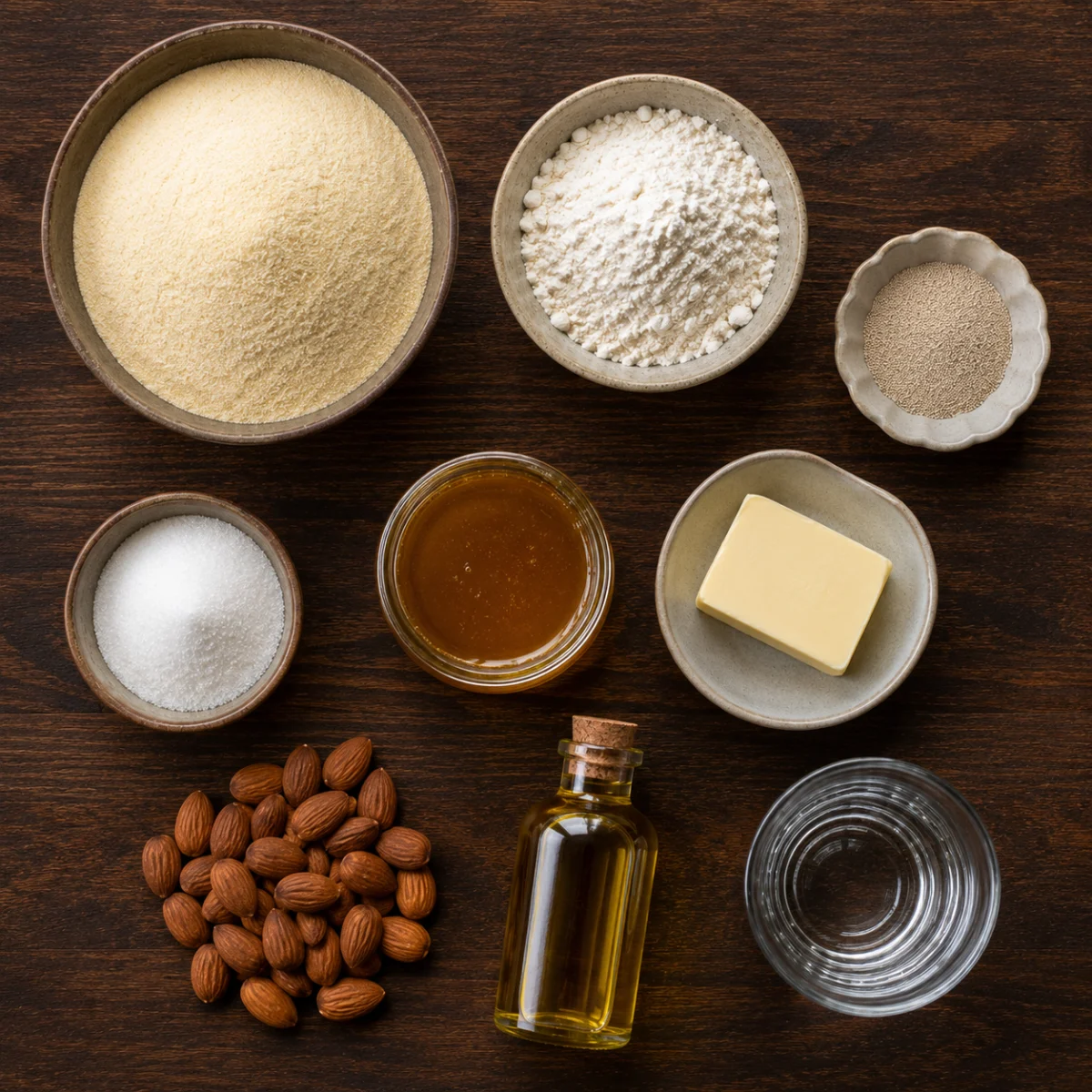 Ingredients for baghrir: fine semolina, flour, yeast, sugar, butter, honey, almonds and argan oil