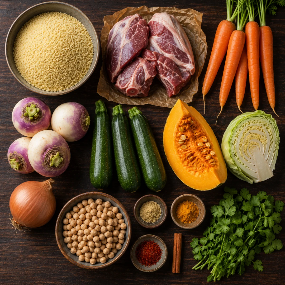 Ingredients for Moroccan couscous: semolina couscous, lamb, carrots, turnips, pumpkin, courgettes, cabbage, chickpeas and saffron