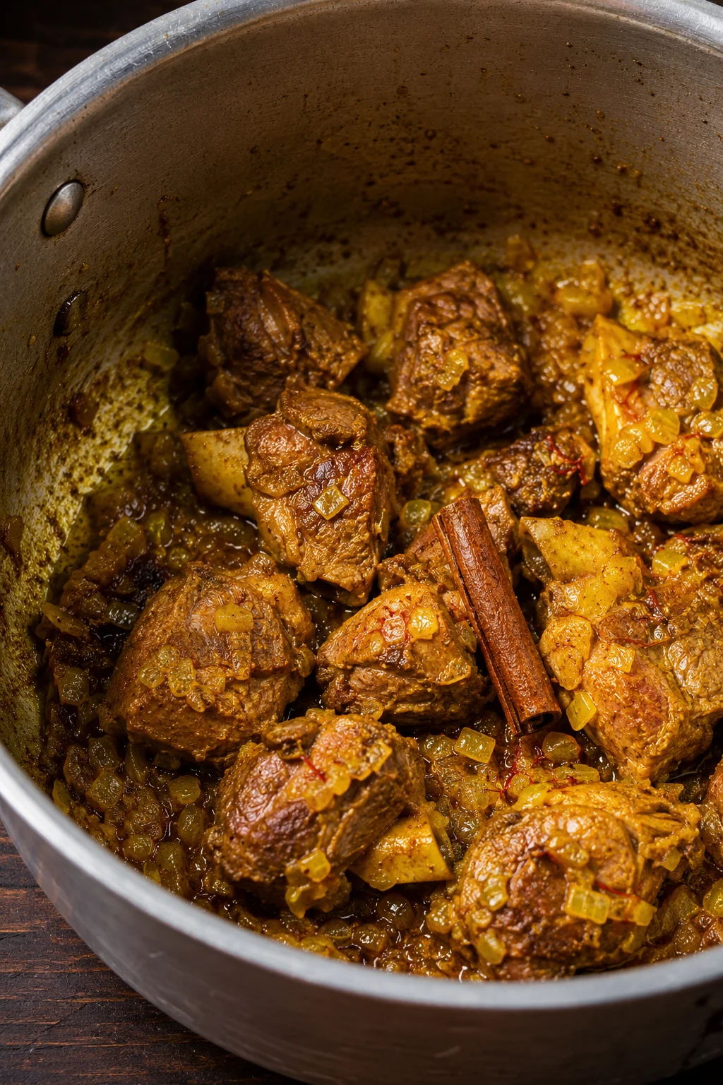 Browning lamb with onions and warm spices for the couscous stew