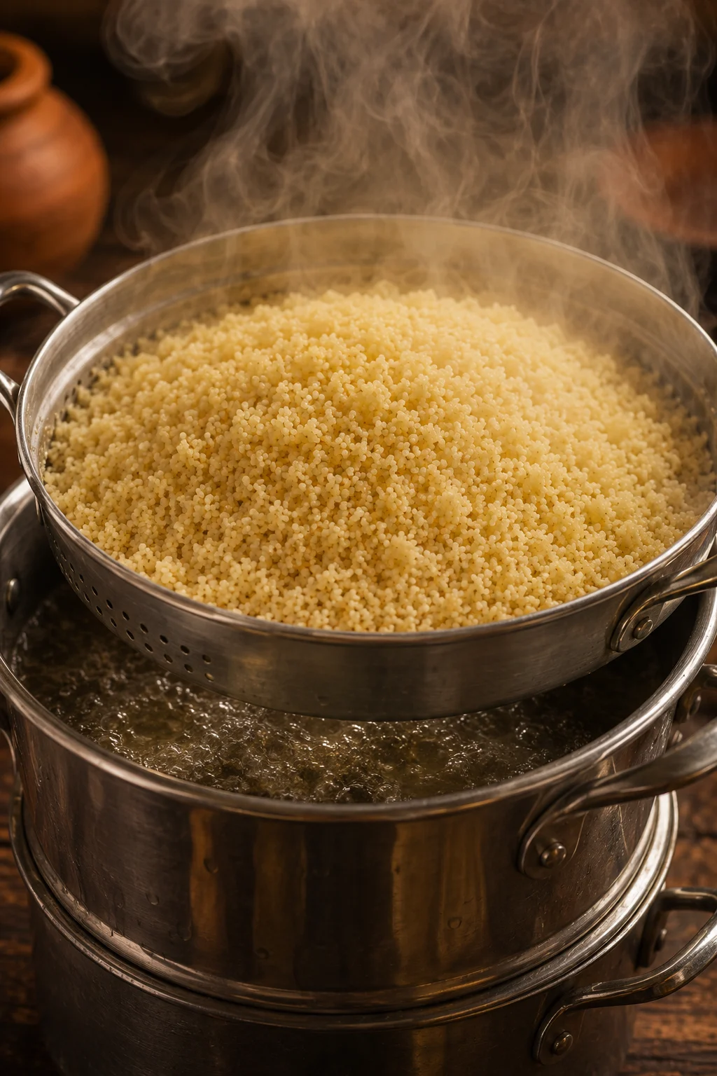Couscous steaming uncovered in a couscoussier basket over the simmering stew