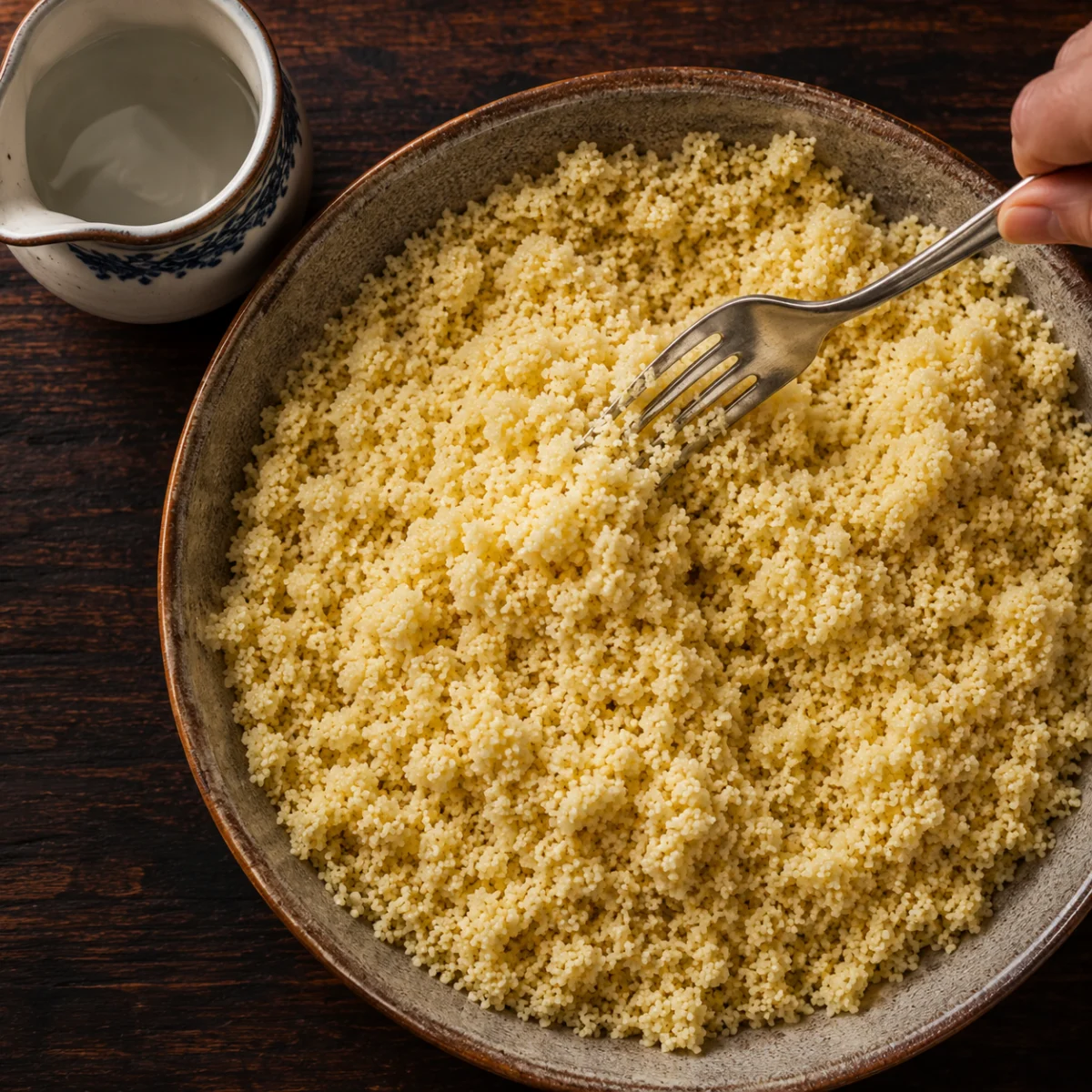 Raking couscous apart with a fork between steamings to keep the grains separate