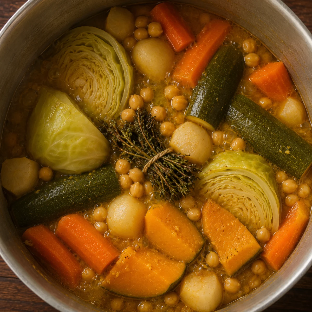 Adding cabbage, pumpkin and courgettes to the couscous stew