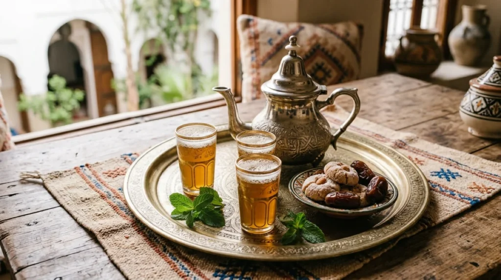 Moroccan mint tea recipe: golden atay poured from height into a glass with foam and fresh mint
