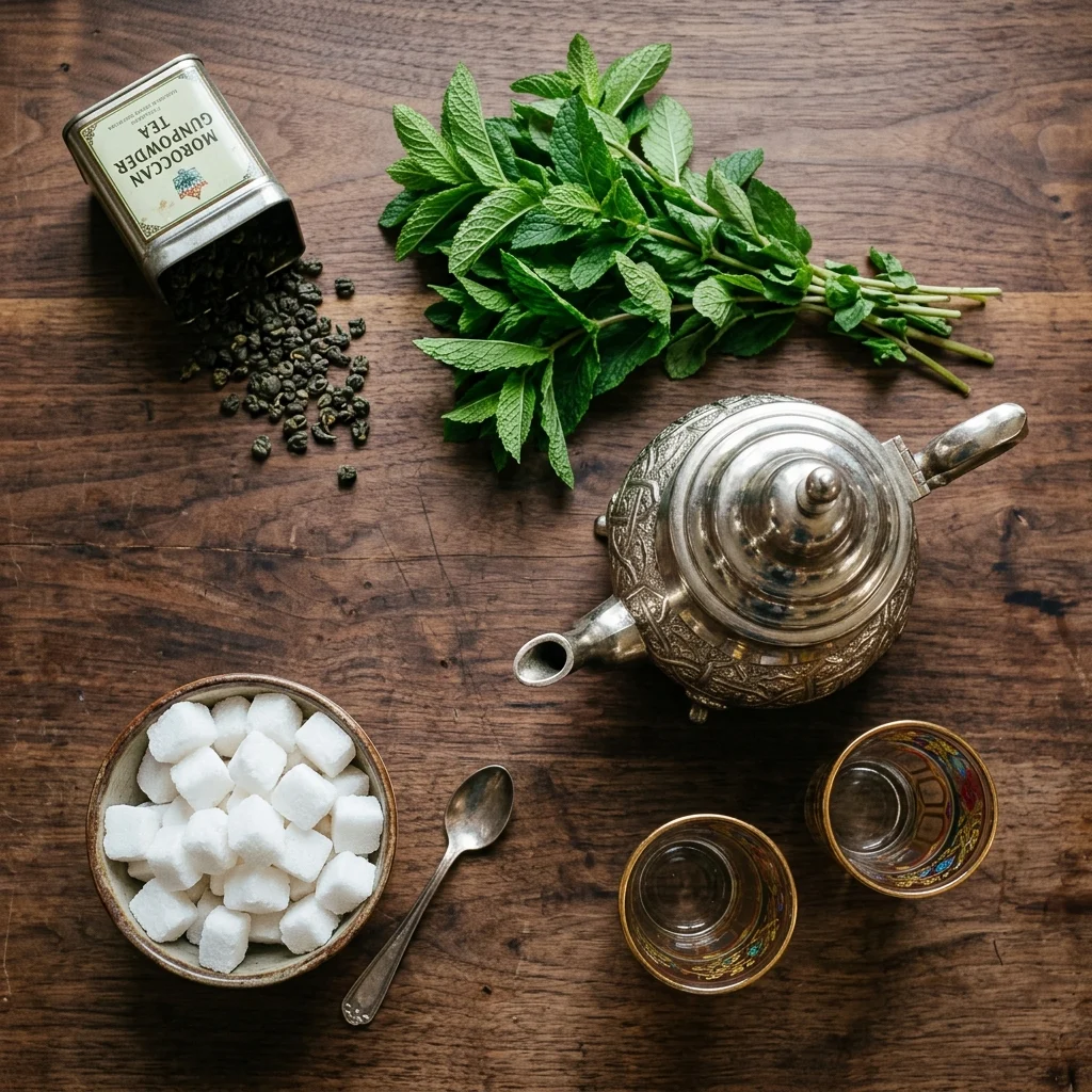 Ingredients for Moroccan mint tea: gunpowder green tea, fresh spearmint and sugar