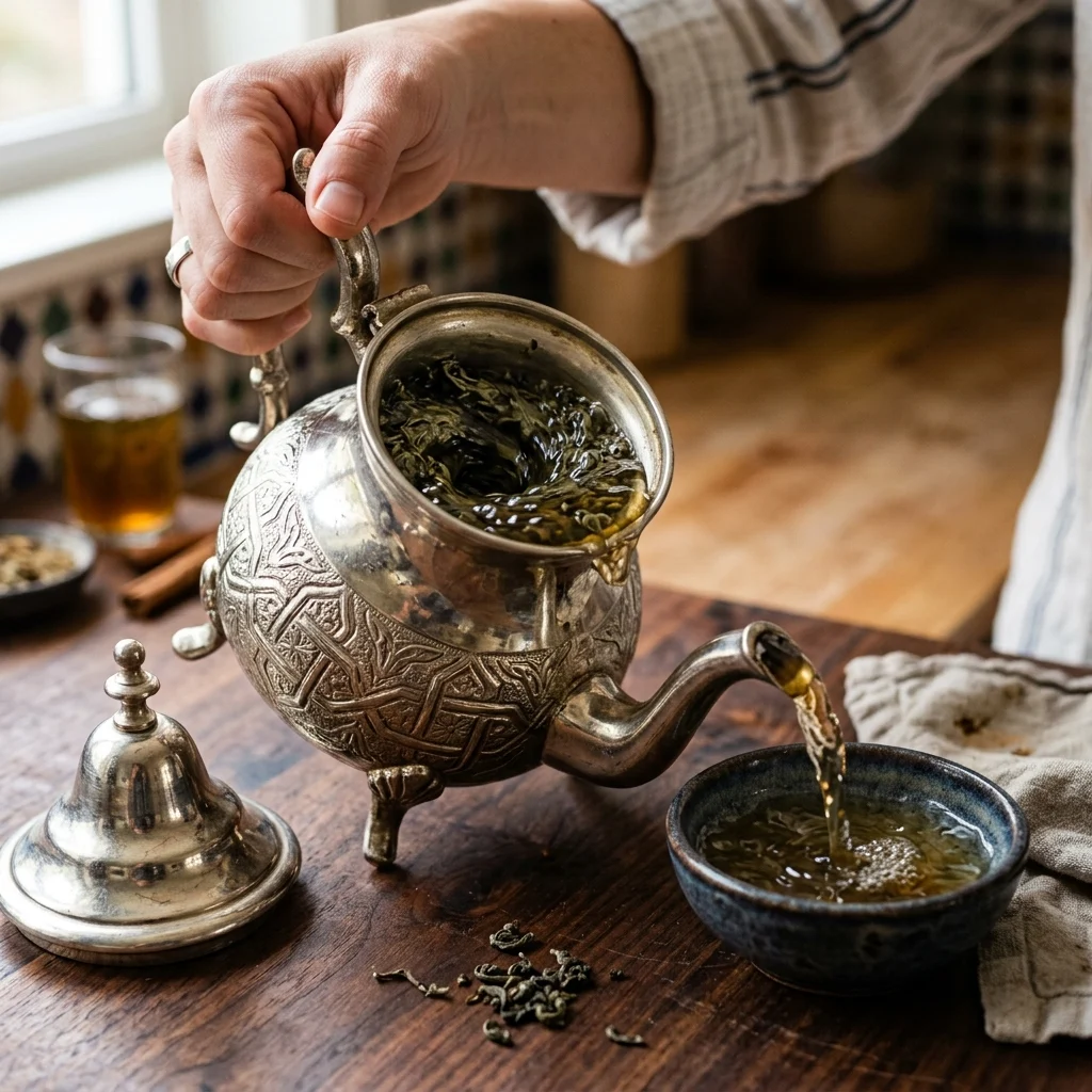 Rinsing gunpowder green tea leaves with hot water in a teapot