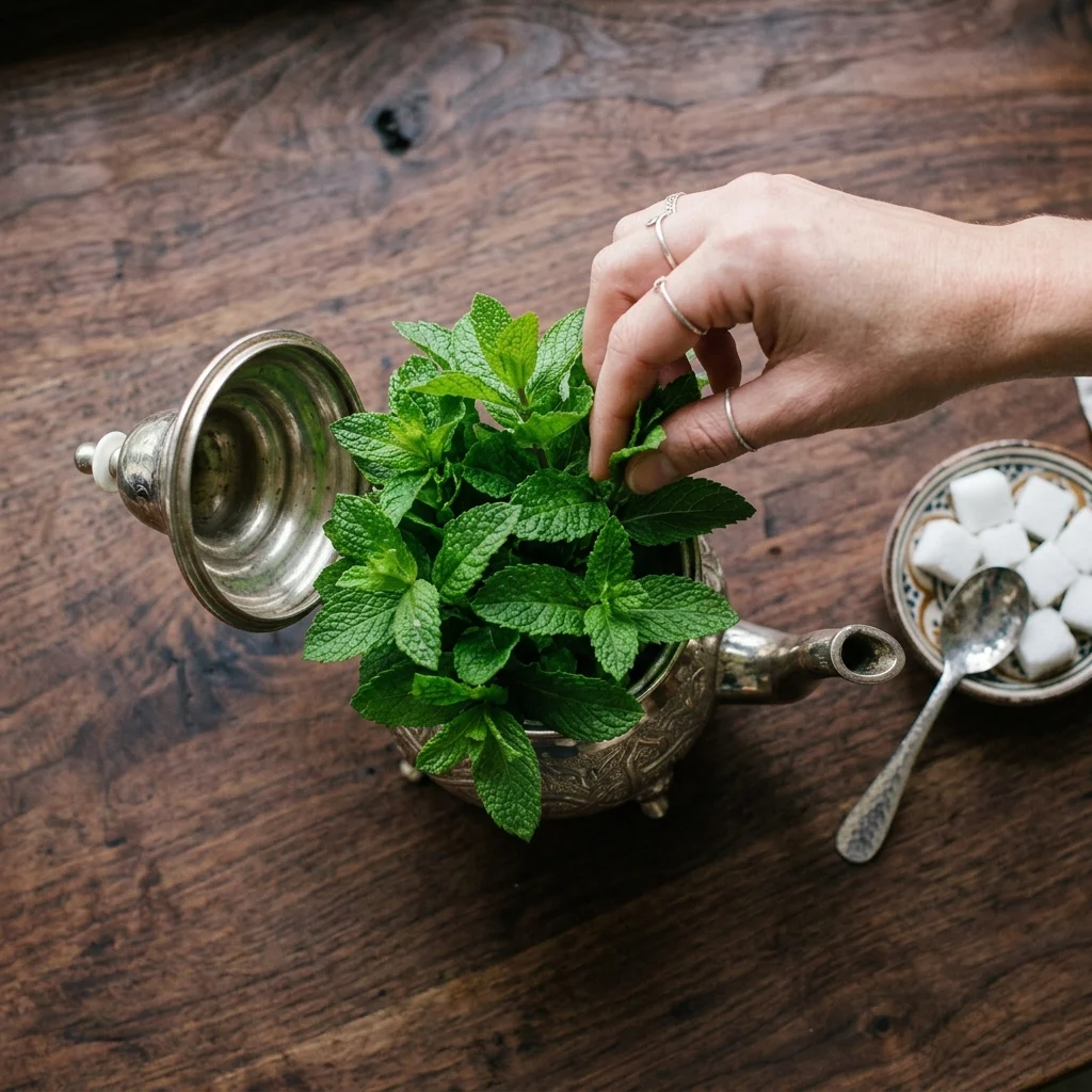 Packing fresh mint sprigs and sugar into the teapot
