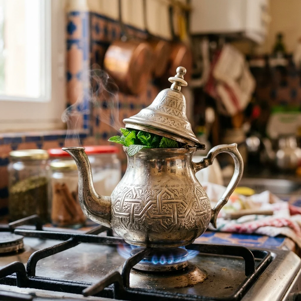 Brewing the mint tea gently on the stove