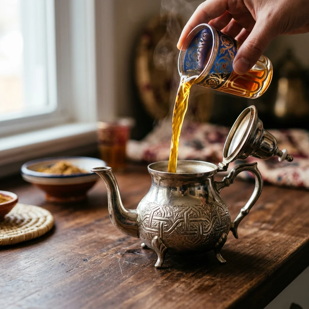 Pouring a glass of tea back into the pot to mix the sugar