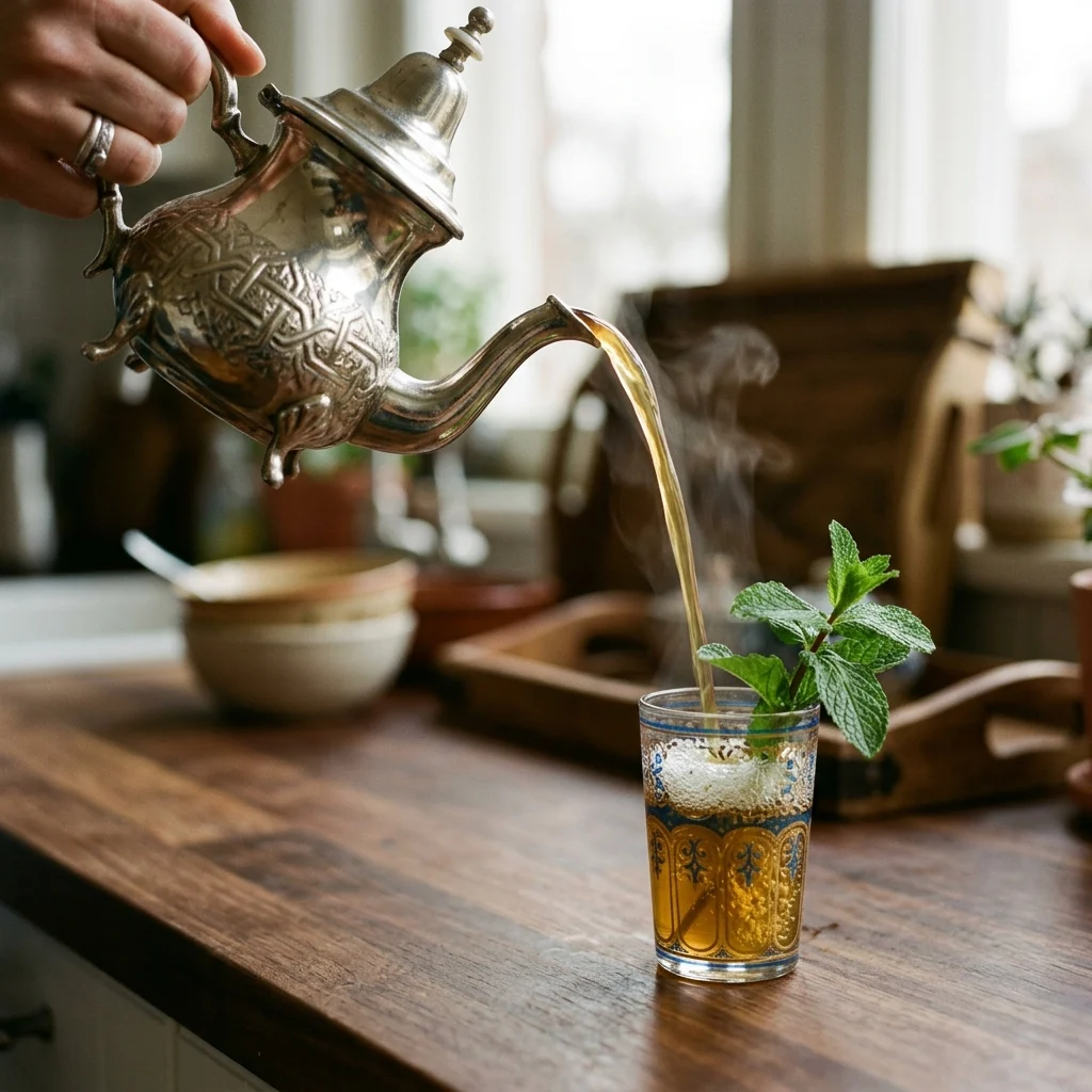 Pouring Moroccan mint tea from height to raise a light foam
