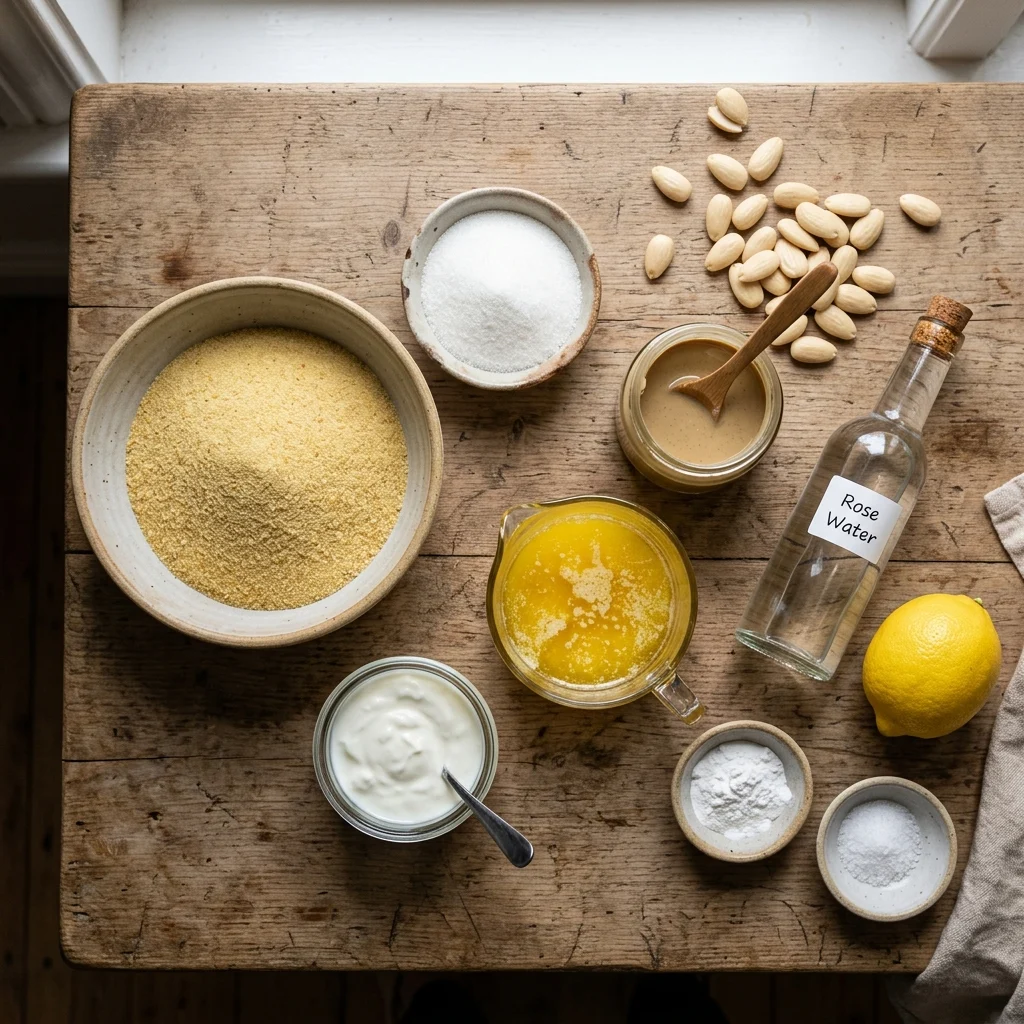 Ingredients for namoura: semolina, sugar, yogurt, butter, tahini, almonds and rose water