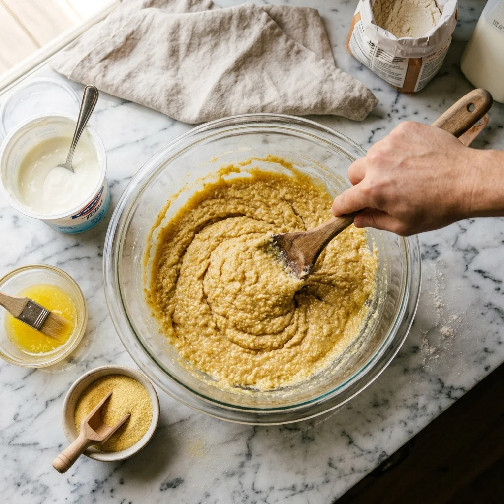 Mixing semolina batter with yogurt and melted butter in a bowl