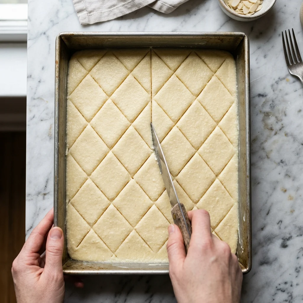 Pressing the batter into a tahini-coated pan and scoring diamonds