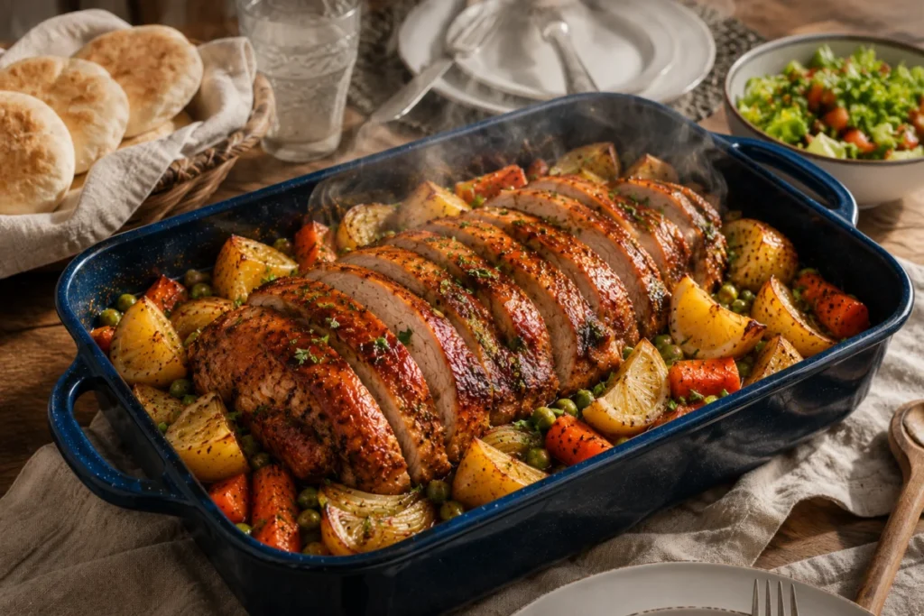 Roast turkey legs with North African dersa garlic paste served over potatoes and carrots