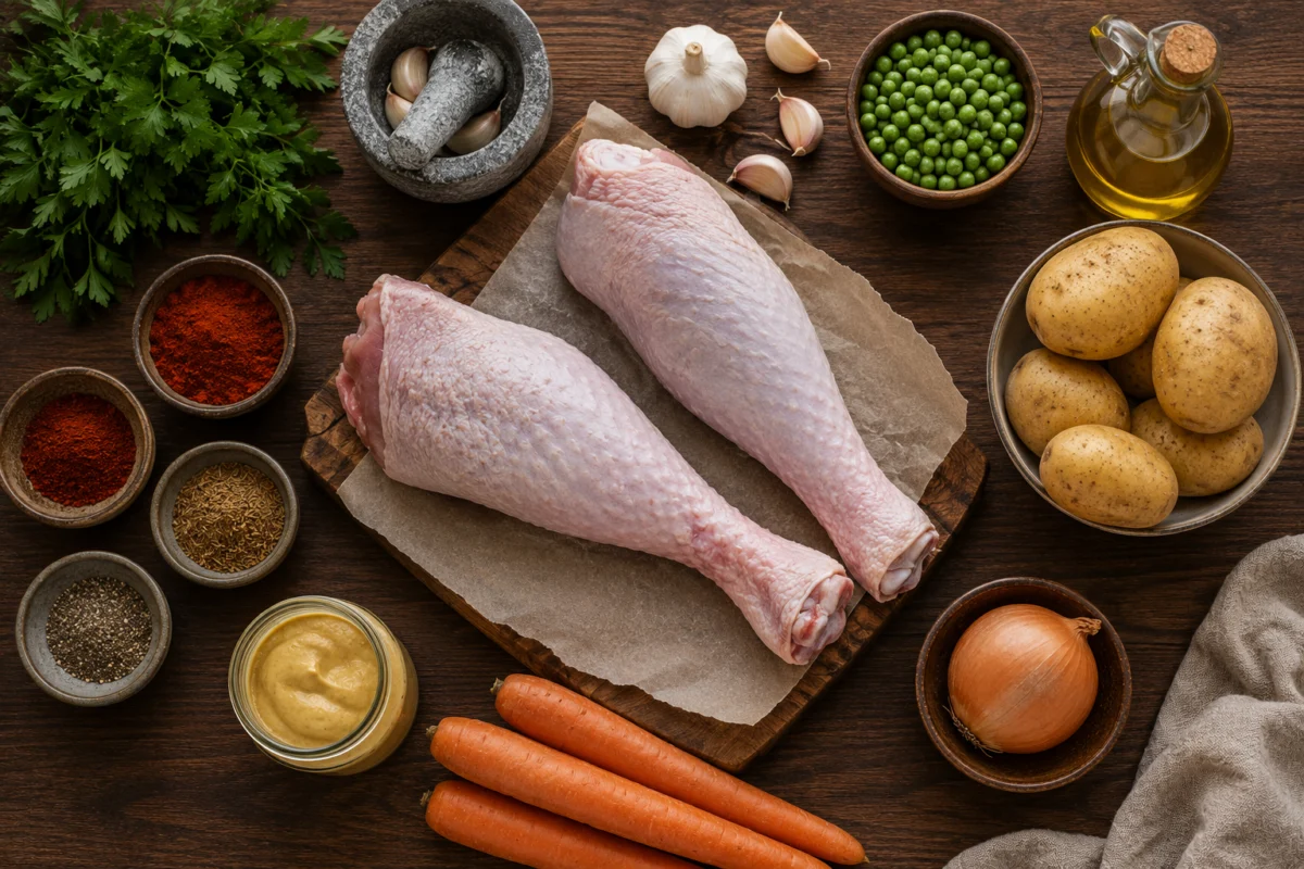 Ingredients for roast turkey legs: turkey legs, garlic, paprika, cumin, potatoes, carrots, onion and peas