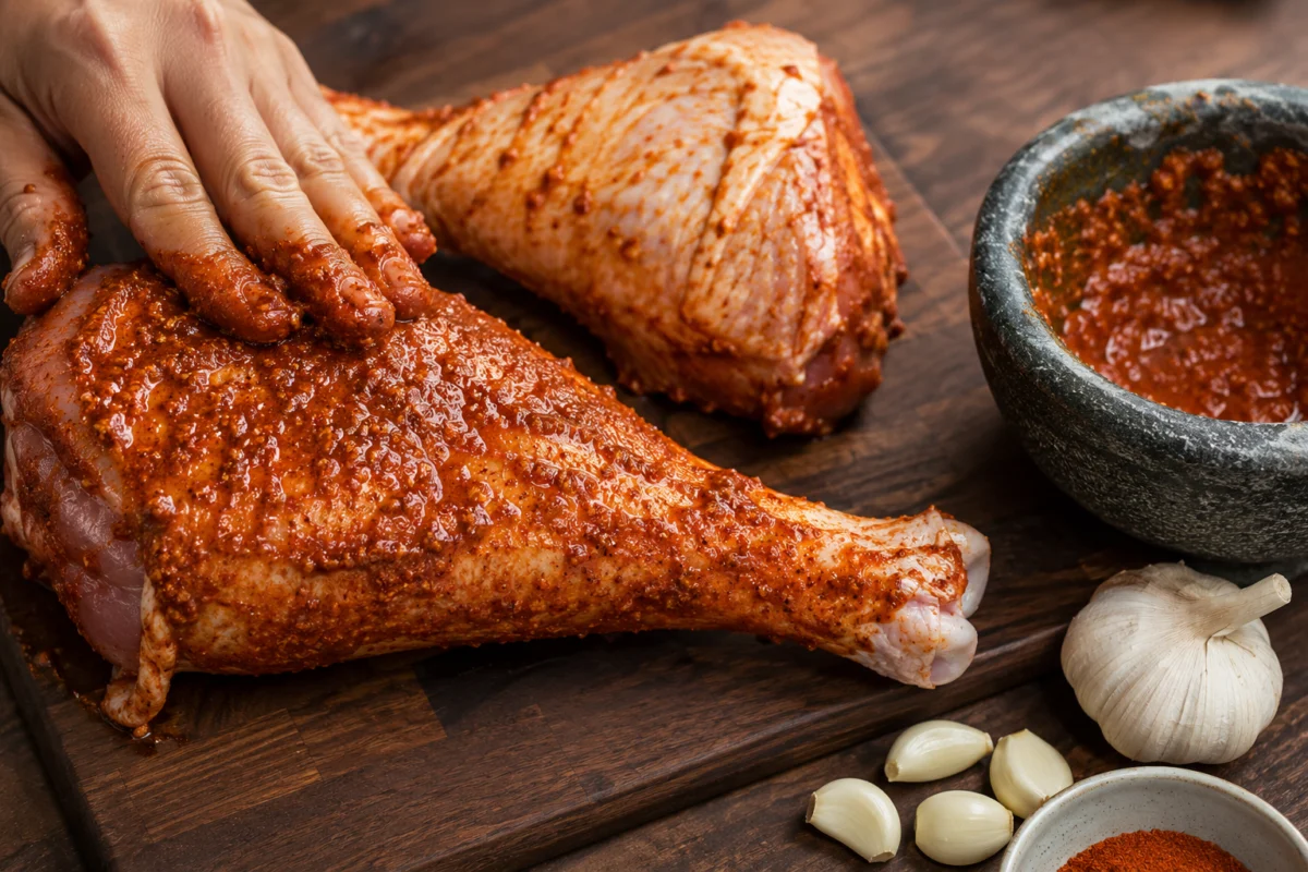 Rubbing dersa garlic paste over turkey legs and under the skin