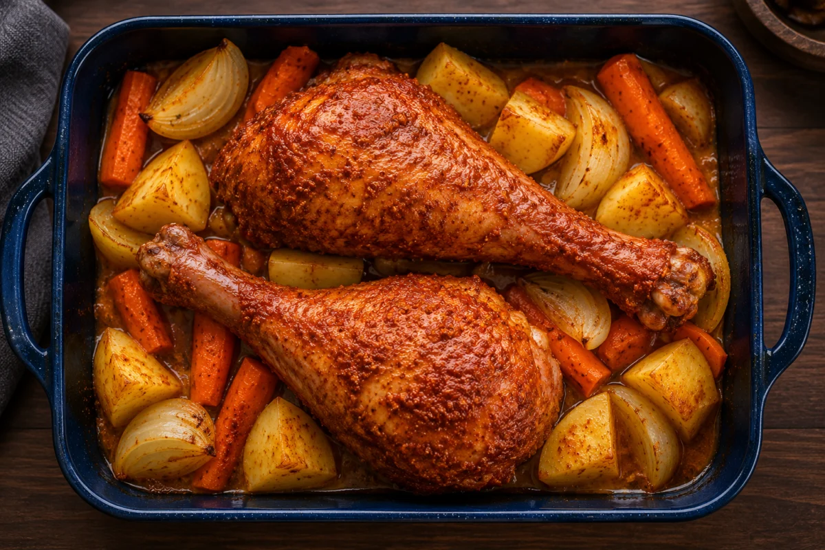 Potatoes, carrots and onion wedges layered in a roasting pan as a vegetable bed